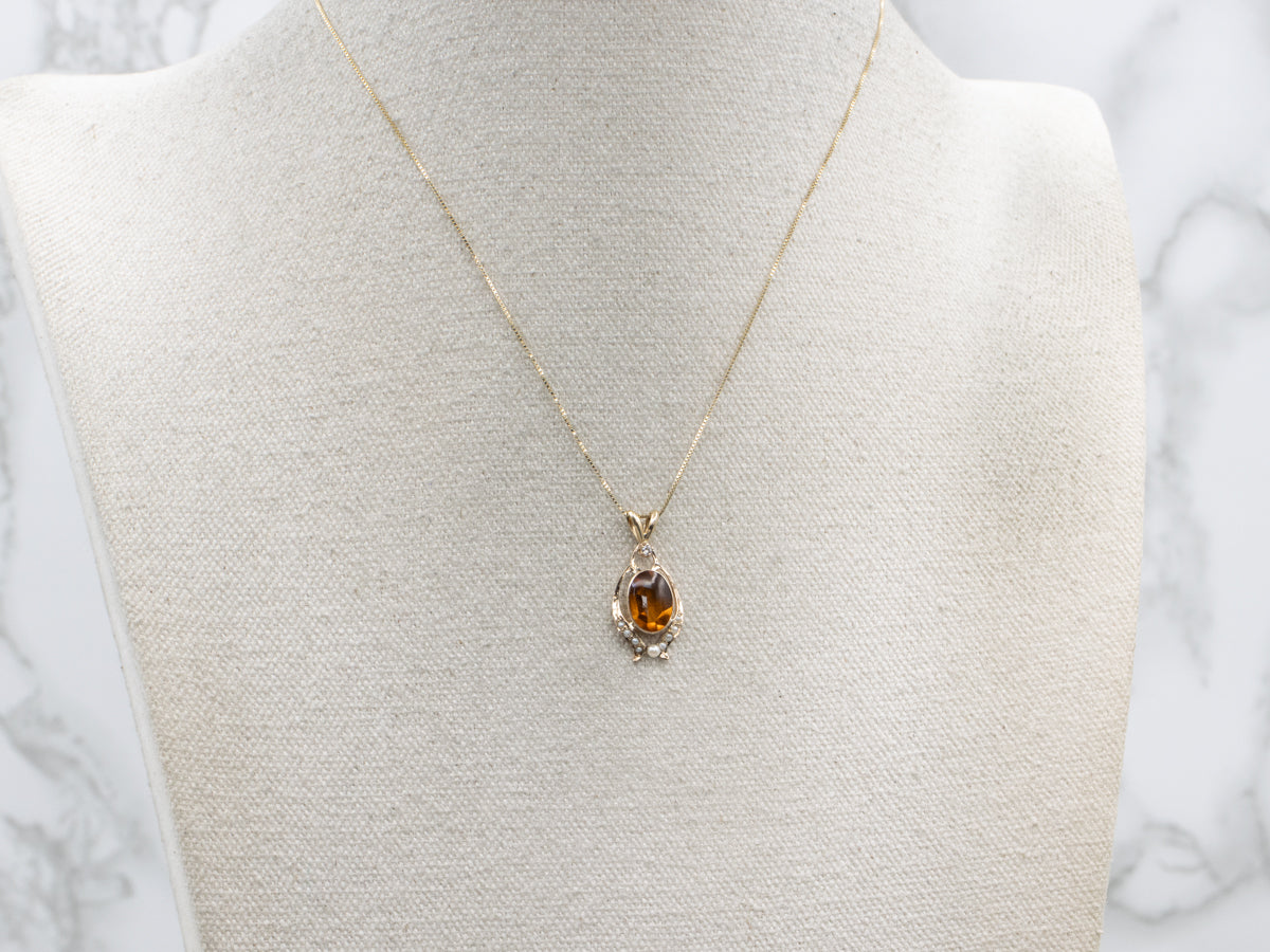 Antique Citrine Glass Cabochon Seed Pearl and Diamond Pendant