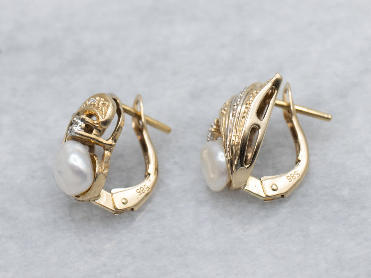 Vintage Baroque Pearl and Diamond Two-Tone Gold Earrings