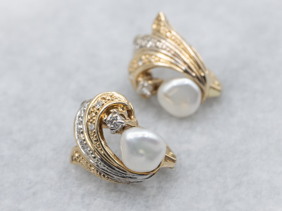 Vintage Baroque Pearl and Diamond Two-Tone Gold Earrings