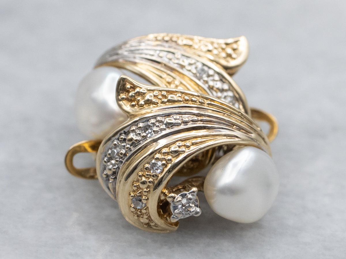 Vintage Baroque Pearl and Diamond Two-Tone Gold Earrings