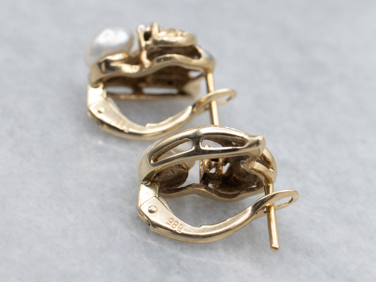 Vintage Baroque Pearl and Diamond Two-Tone Gold Earrings