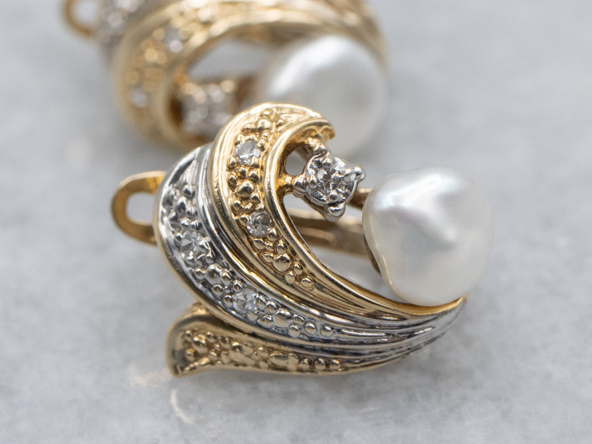 Vintage Baroque Pearl and Diamond Two-Tone Gold Earrings
