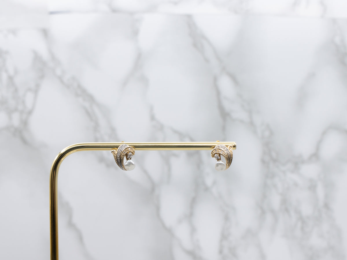 Vintage Baroque Pearl and Diamond Two-Tone Gold Earrings