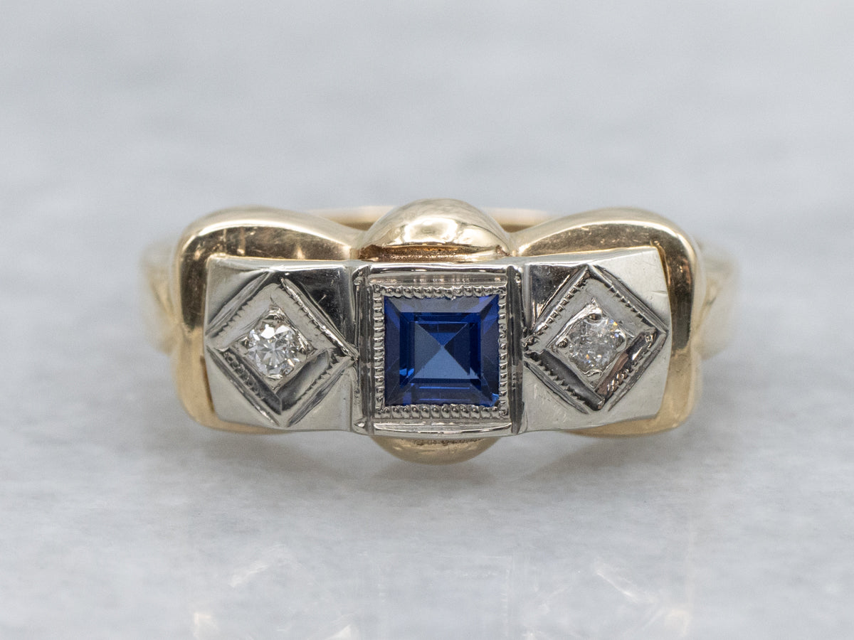 Synthetic Sapphire and Diamond Retro-Era Three Stone Ring
