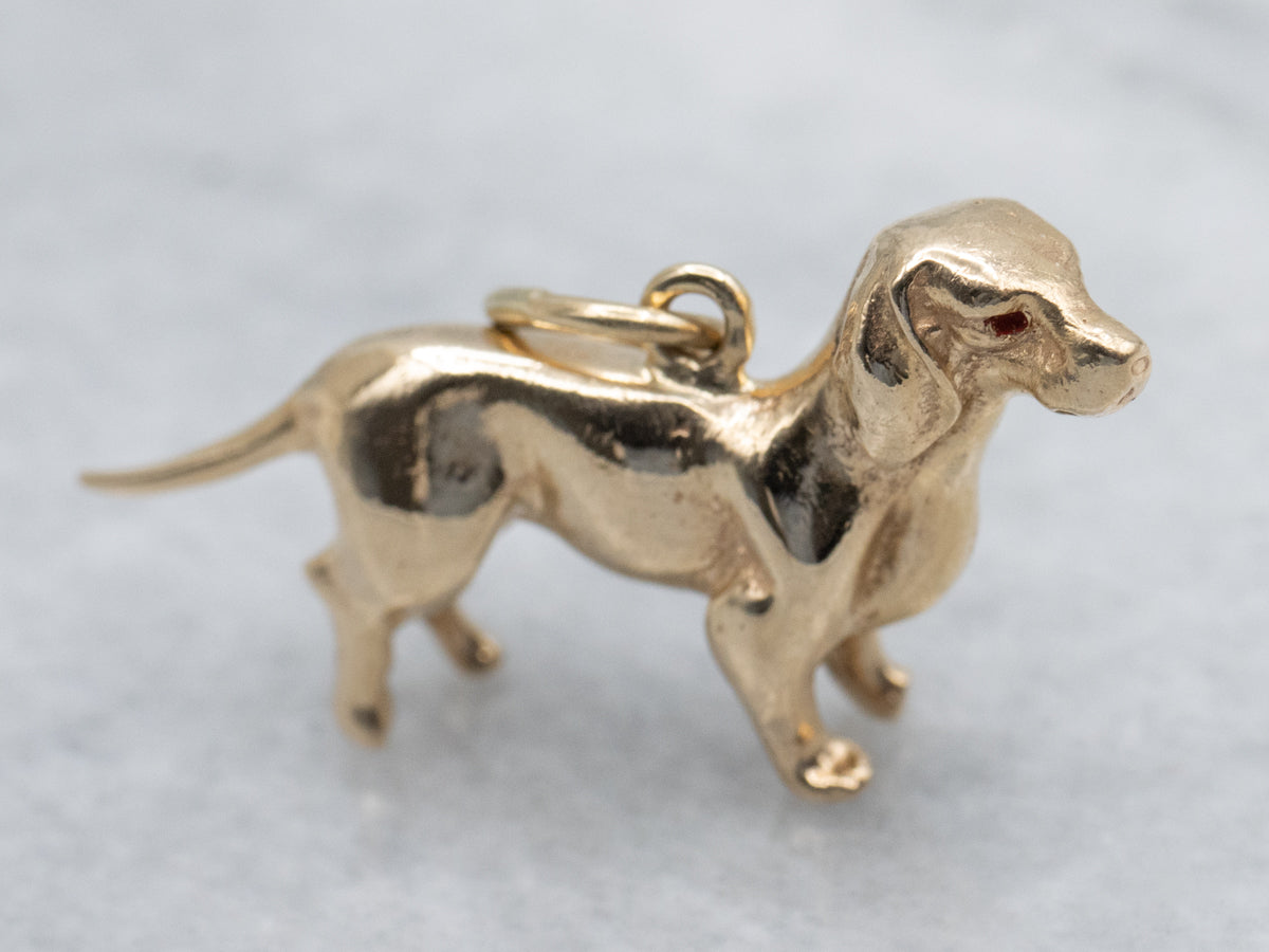 Vintage Gold Dachshund Charm Pendant with Enamel Eyes