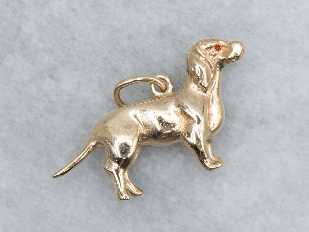 Vintage Gold Dachshund Charm Pendant with Enamel Eyes