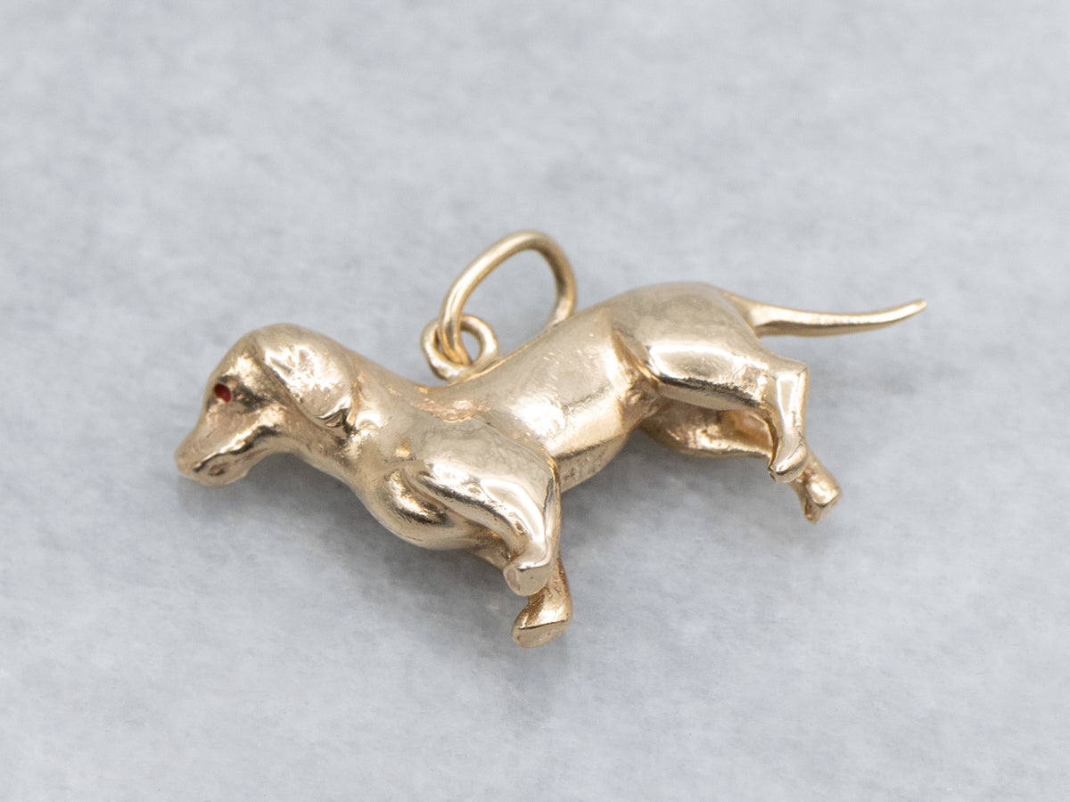Vintage Gold Dachshund Charm Pendant with Enamel Eyes