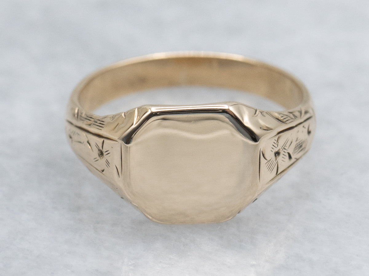 Antique Gold Hexagonal-Top Signet Ring with Floral Motifs