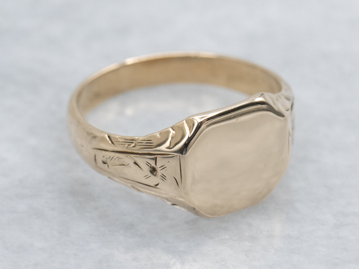 Antique Gold Hexagonal-Top Signet Ring with Floral Motifs