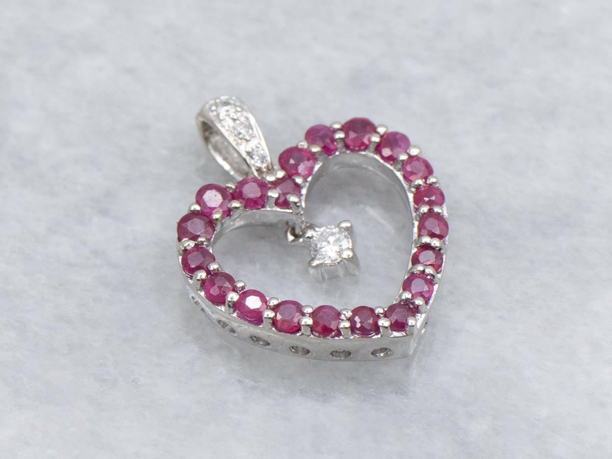 Ruby Sweetheart and Diamond White Gold Pendant