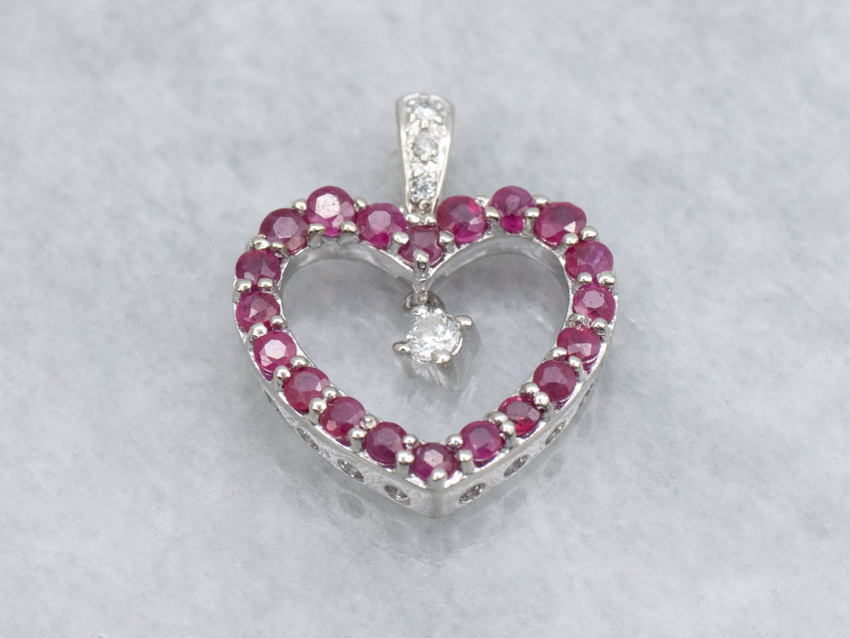 Ruby Sweetheart and Diamond White Gold Pendant