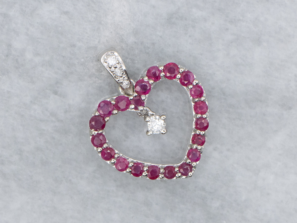 Ruby Sweetheart and Diamond White Gold Pendant