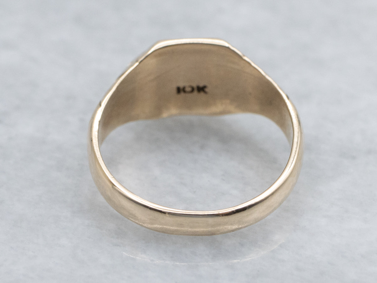 Antique Gold Hexagonal-Top Signet Ring with Floral Motifs