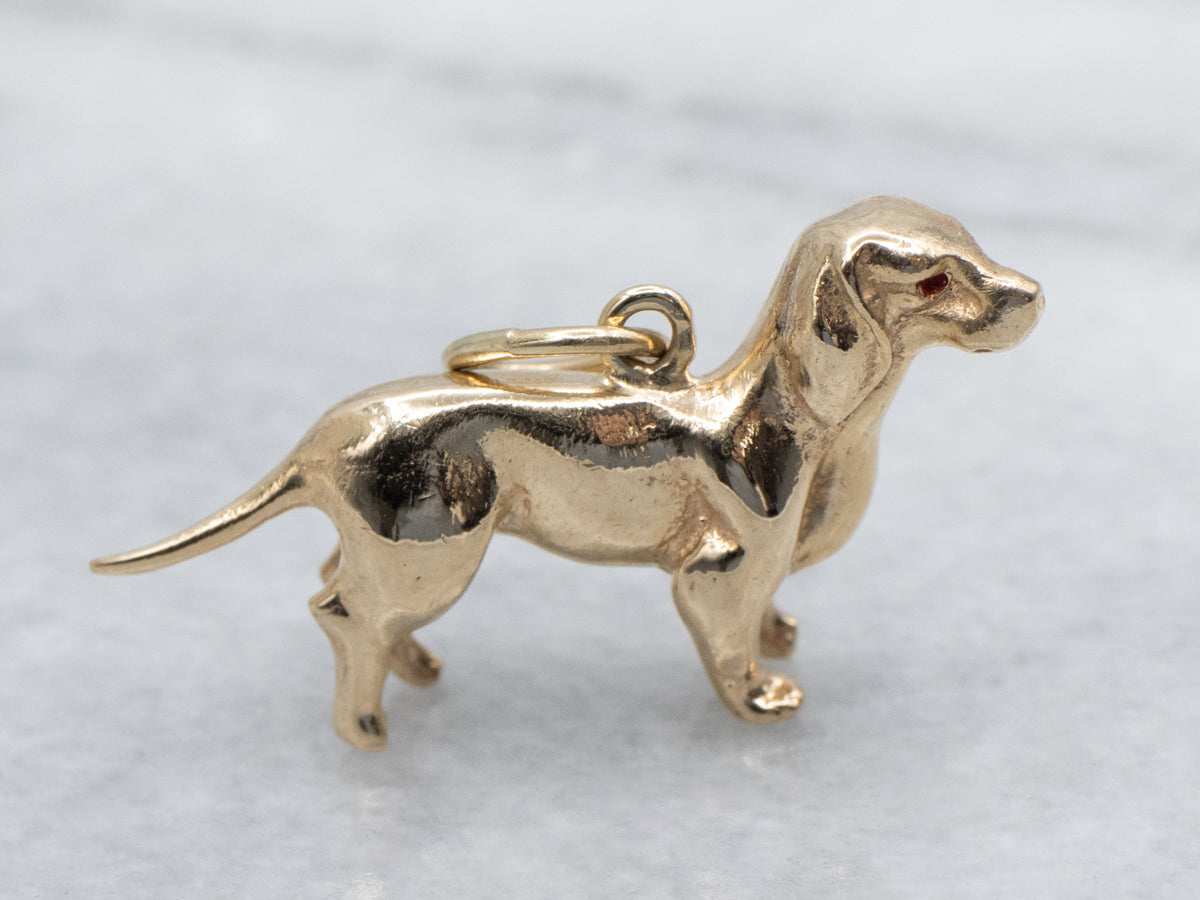 Vintage Gold Dachshund Charm Pendant with Enamel Eyes