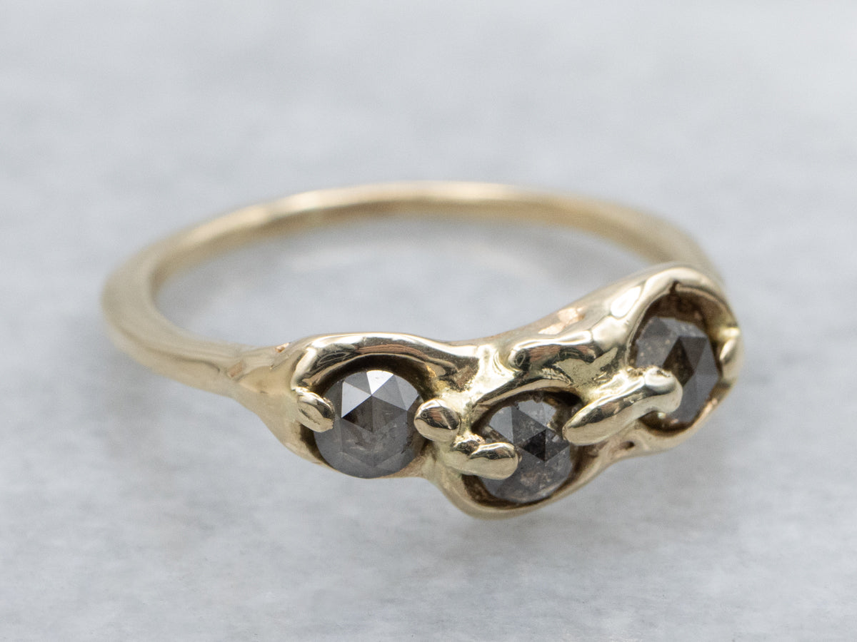 Triple Rose-Cut Salt and Pepper Diamond Yellow Gold Ring