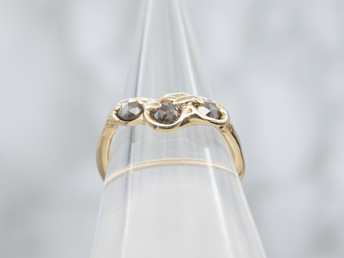 Triple Rose-Cut Salt and Pepper Diamond Yellow Gold Ring