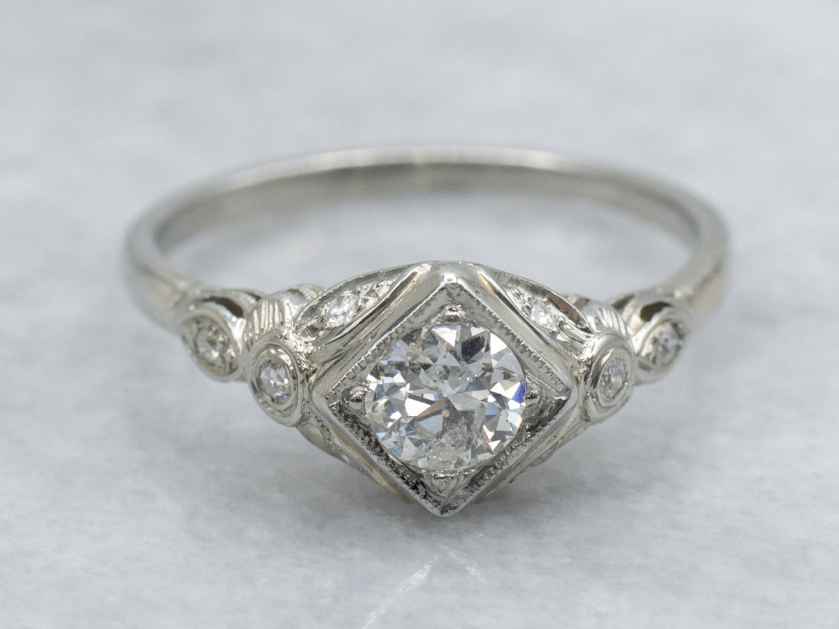 Antique Bezel-Set Diamond White Gold Engagement Ring