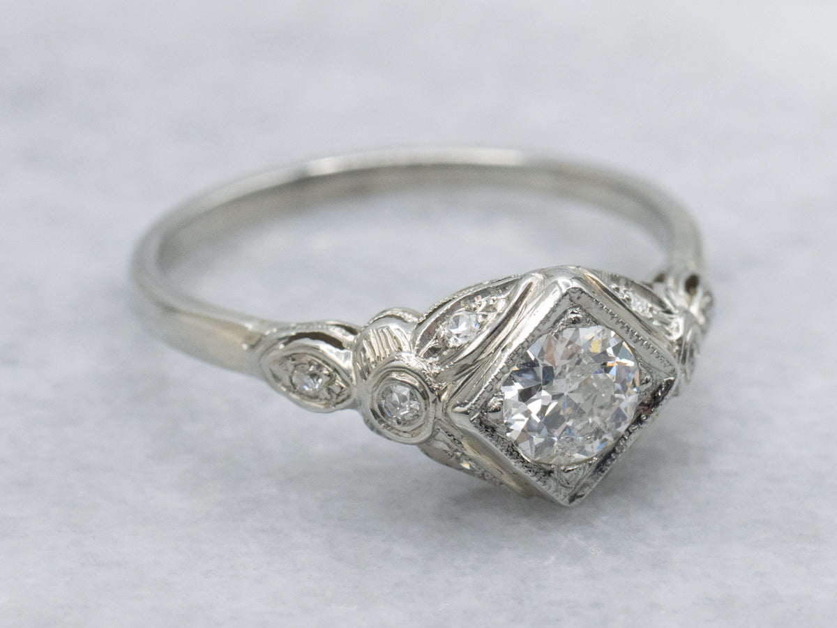 Antique Bezel-Set Diamond White Gold Engagement Ring