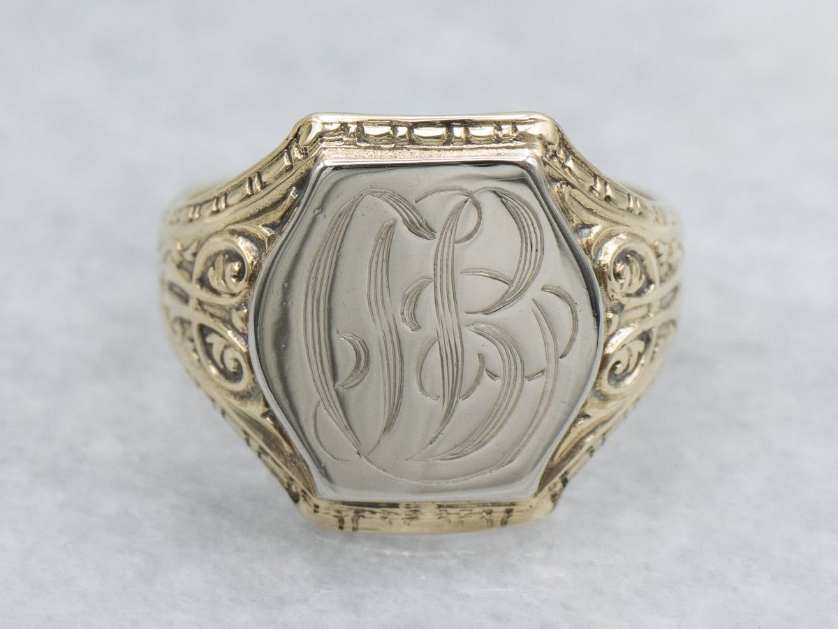 Antique Two-Tone Gold "CB" Initialed Engraved Signet Ring