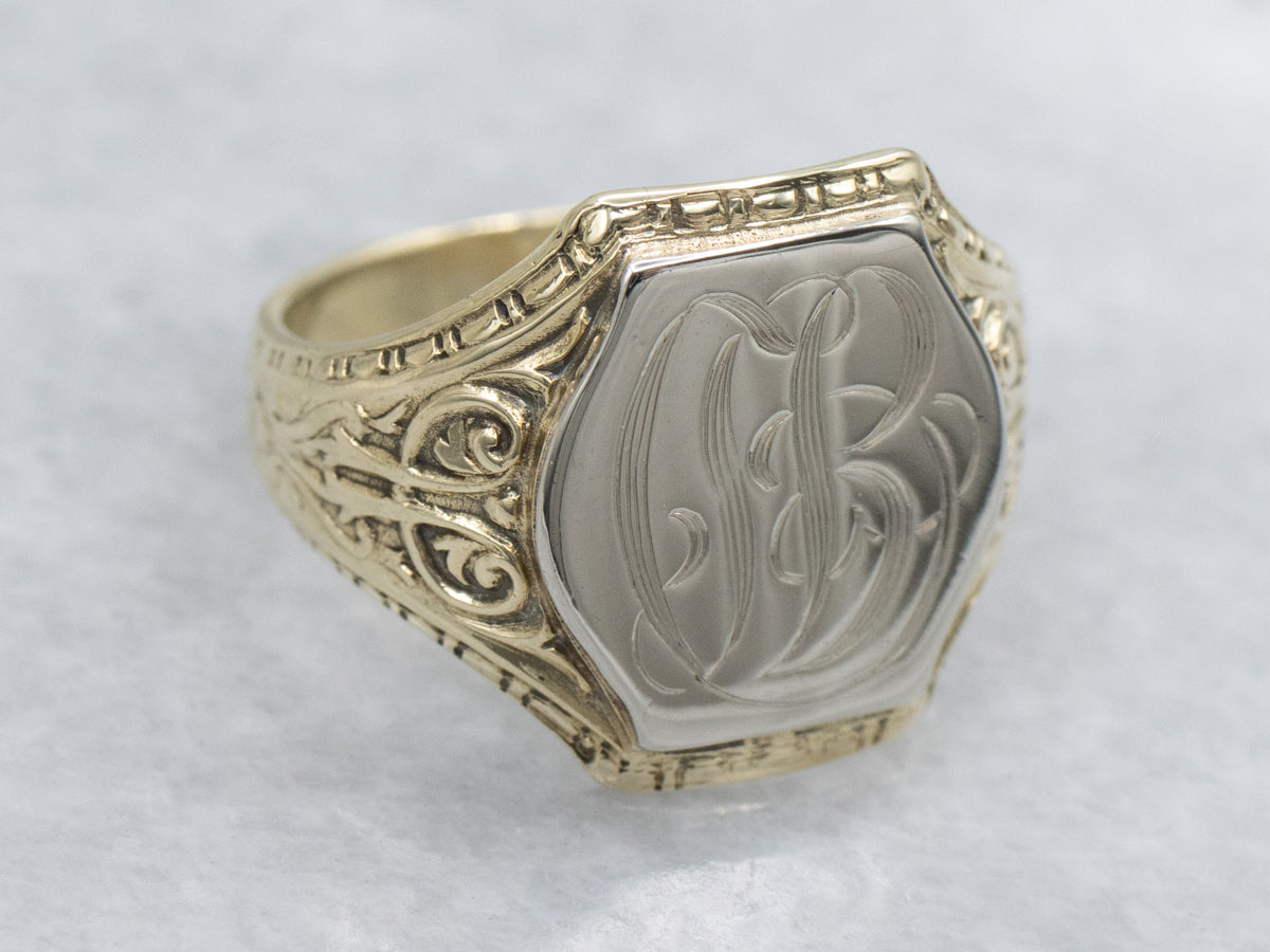 Antique Two-Tone Gold "CB" Initialed Engraved Signet Ring