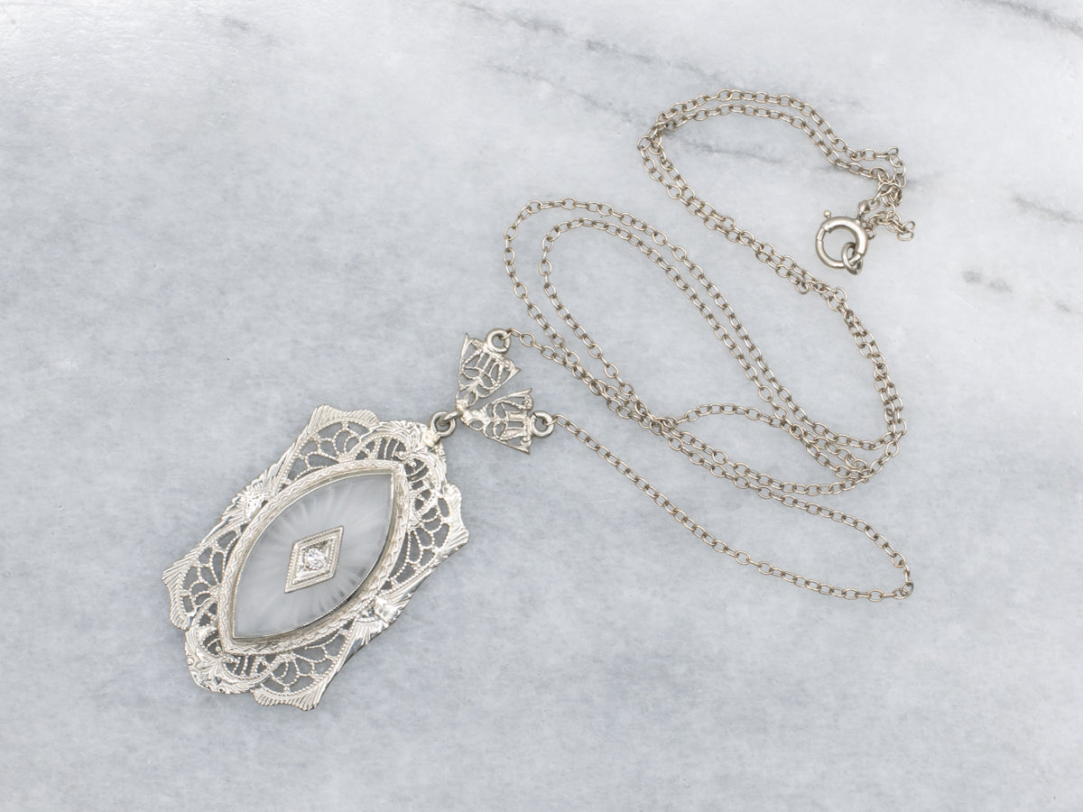 Art Deco Camphor Glass and Diamond White Gold Filigree Pendant Necklace