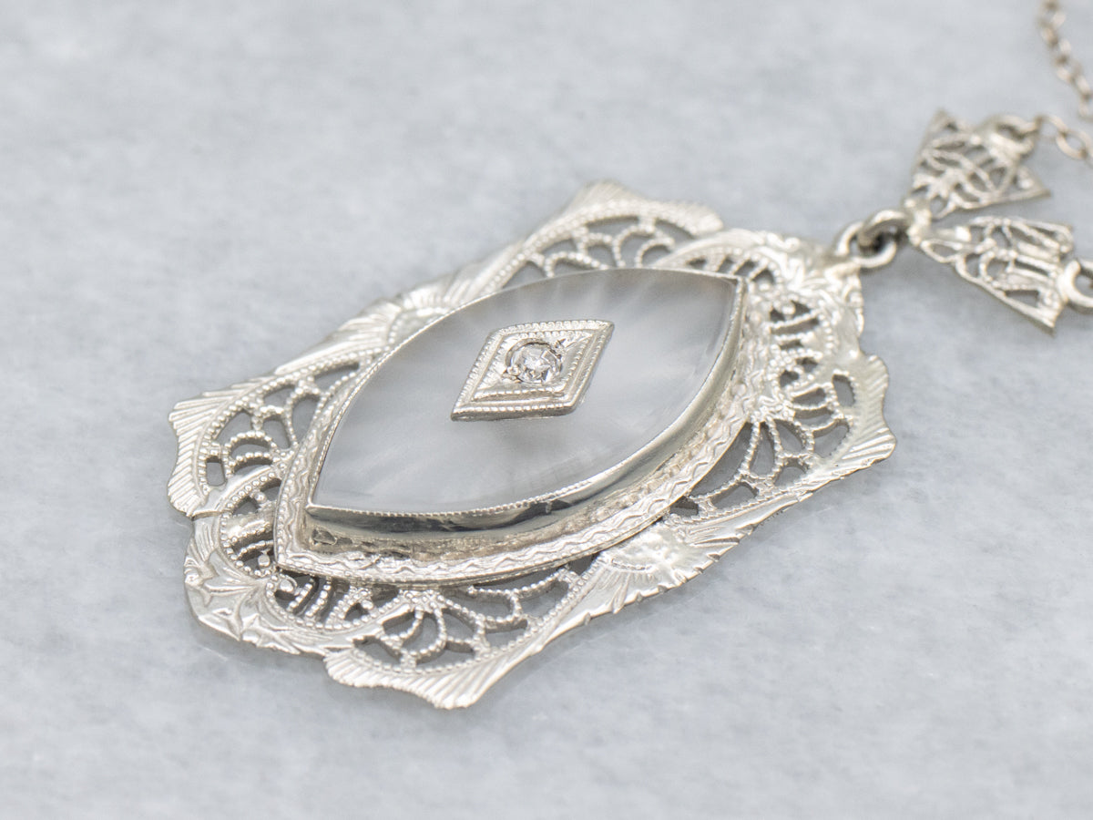 Art Deco Camphor Glass and Diamond White Gold Filigree Pendant Necklace