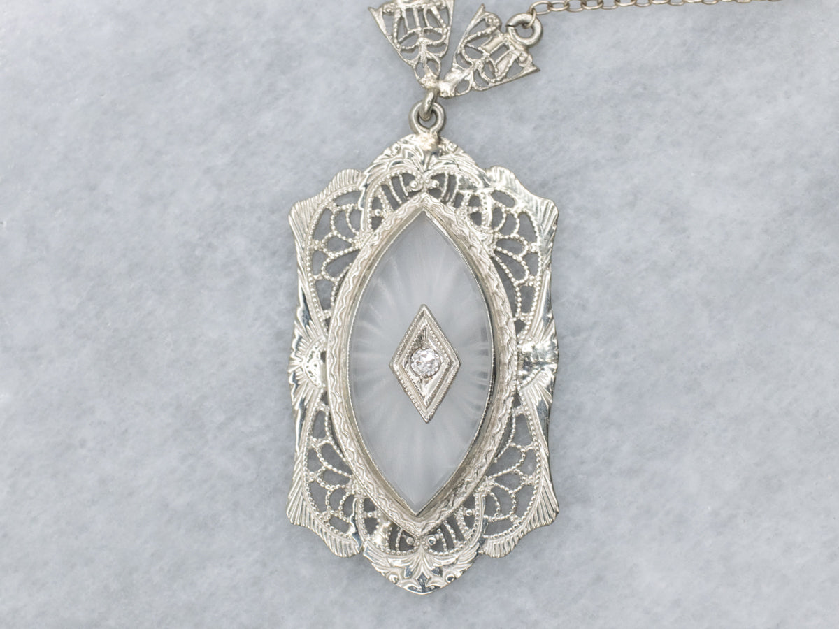 Art Deco Camphor Glass and Diamond White Gold Filigree Pendant Necklace