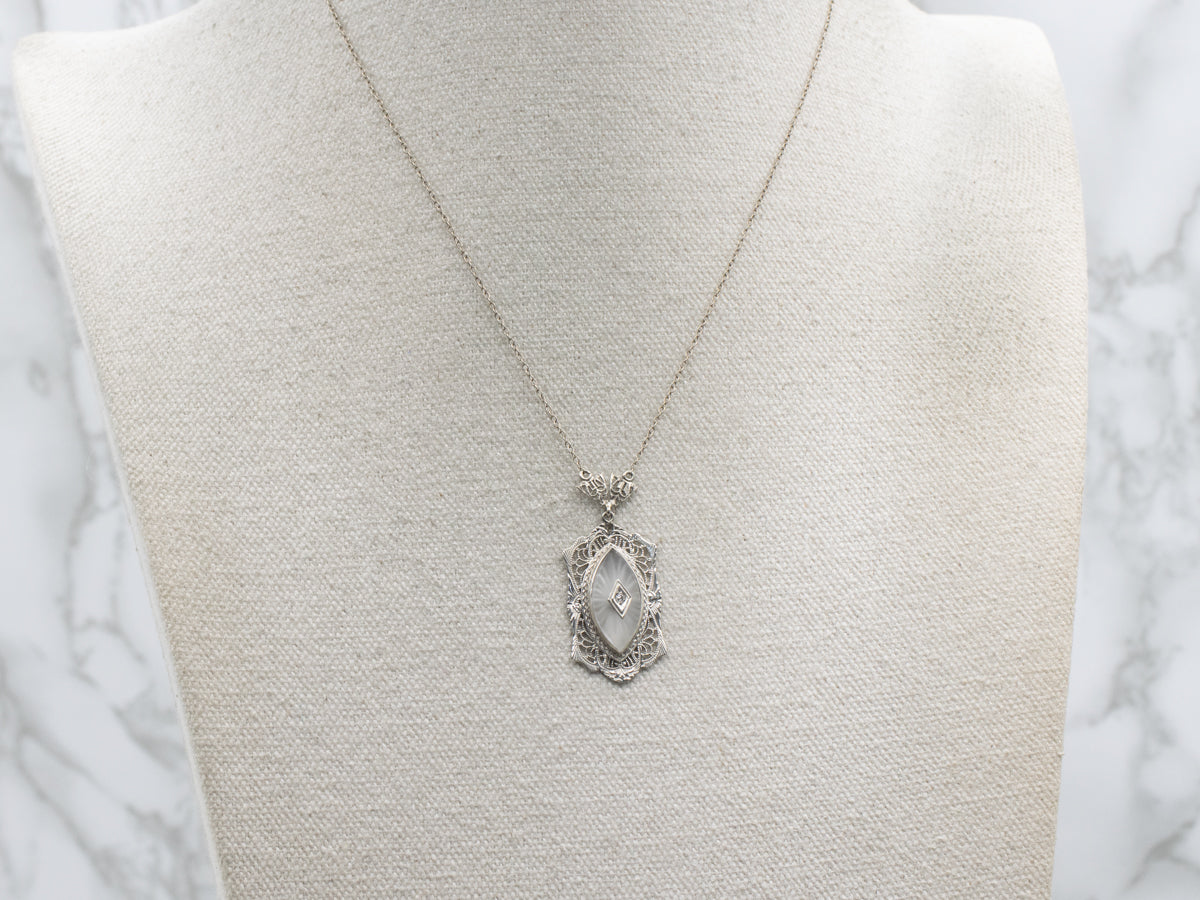 Art Deco Camphor Glass and Diamond White Gold Filigree Pendant Necklace