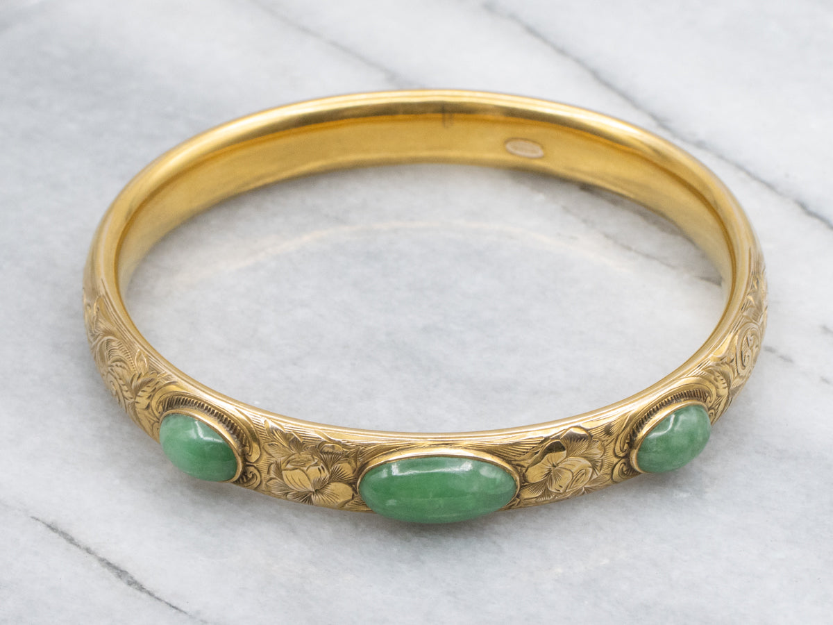 Engraved Gold Floral Bangle Bracelet with Jadeite Cabochons
