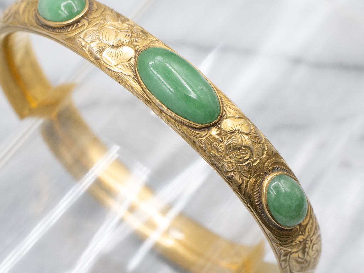Engraved Gold Floral Bangle Bracelet with Jadeite Cabochons