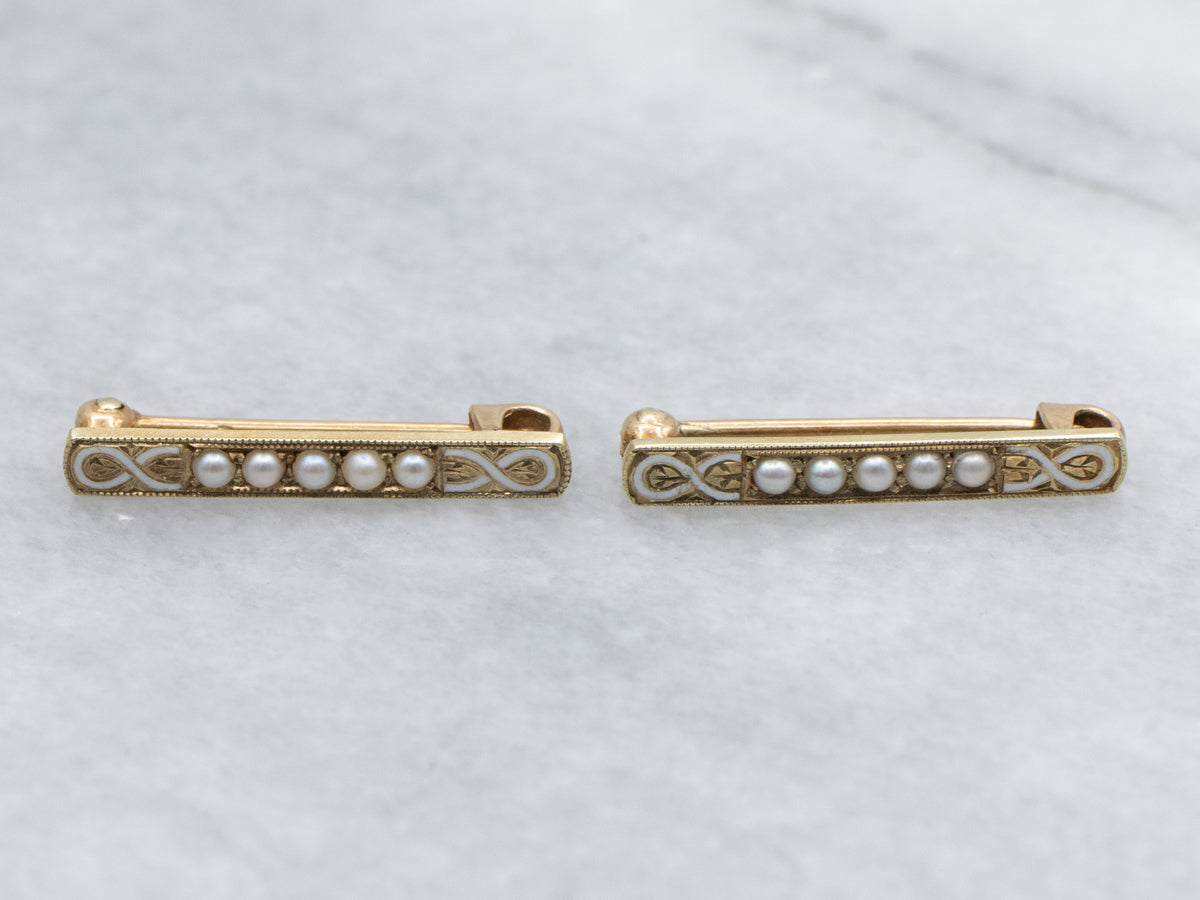 Antique Seed Pearls and White Enamel set of Lingerie Pins