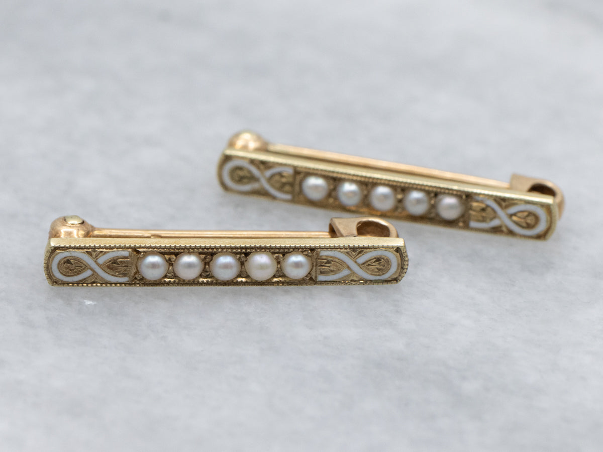 Antique Seed Pearls and White Enamel set of Lingerie Pins
