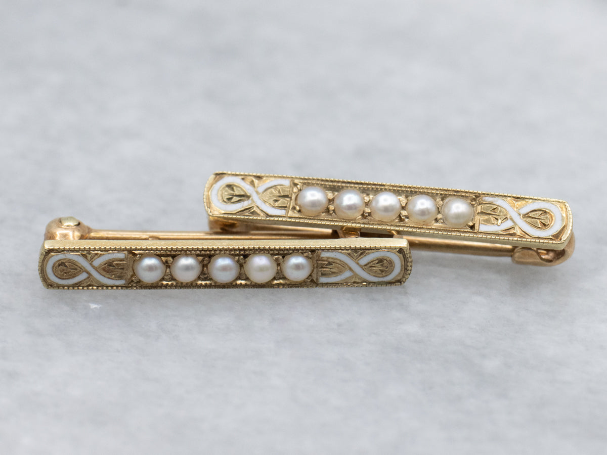 Antique Seed Pearls and White Enamel set of Lingerie Pins