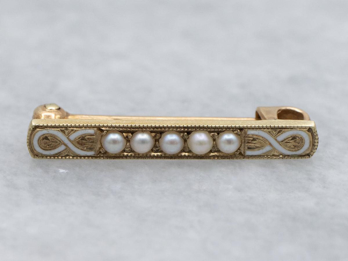 Antique Seed Pearls and White Enamel set of Lingerie Pins