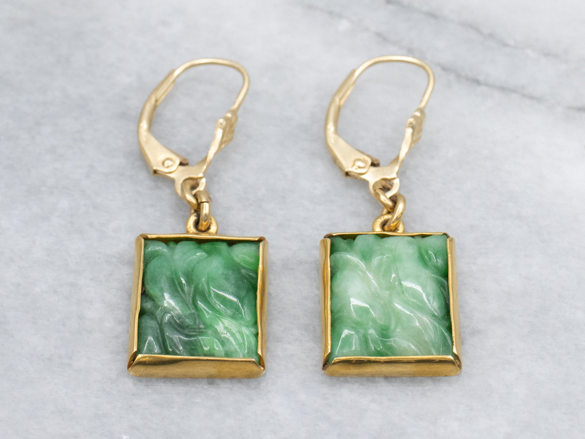 Vintage Gold Carved Jadeite Rectangle Drop Earrings