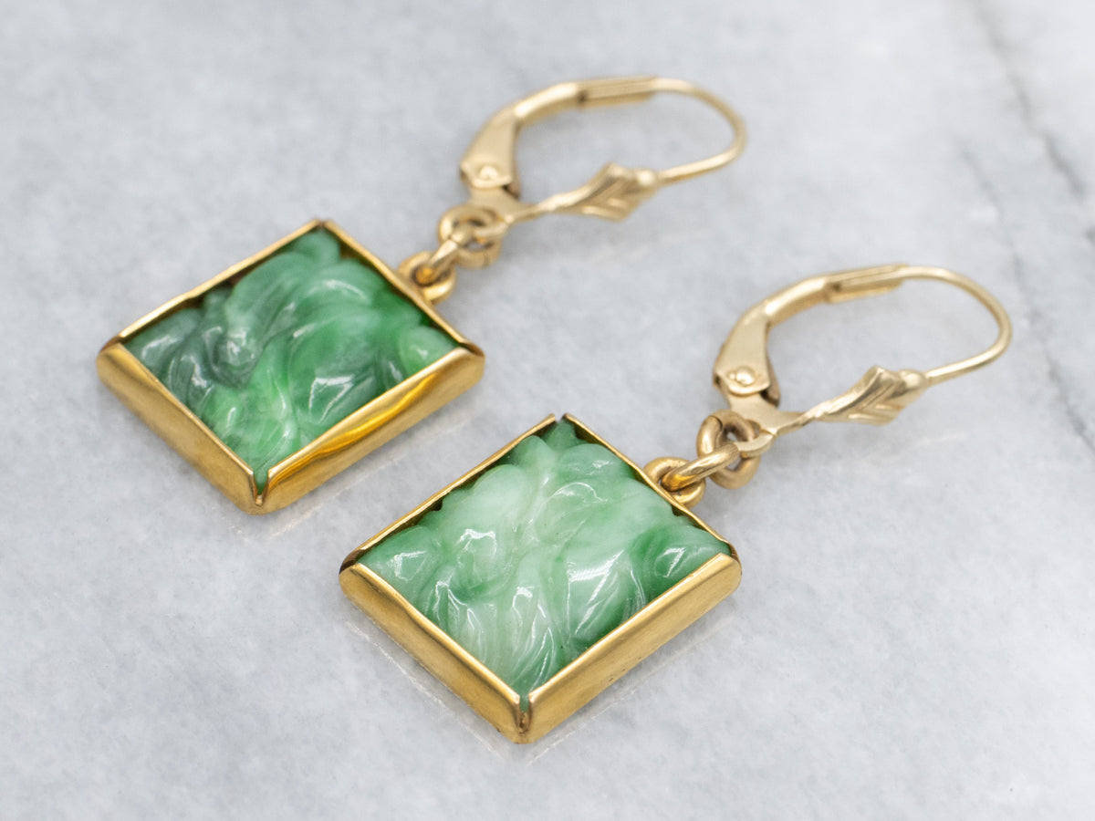 Vintage Gold Carved Jadeite Rectangle Drop Earrings