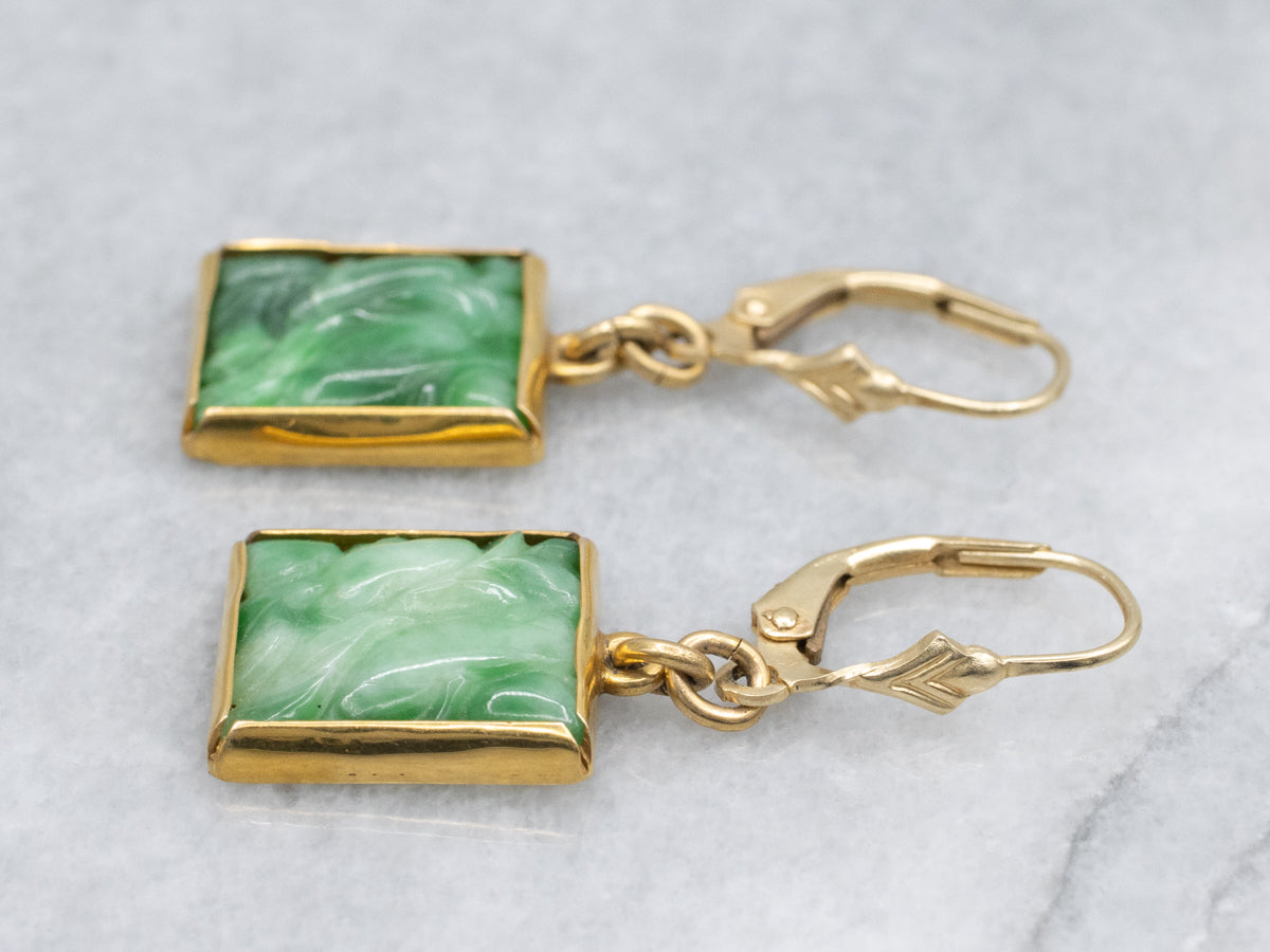 Vintage Gold Carved Jadeite Rectangle Drop Earrings