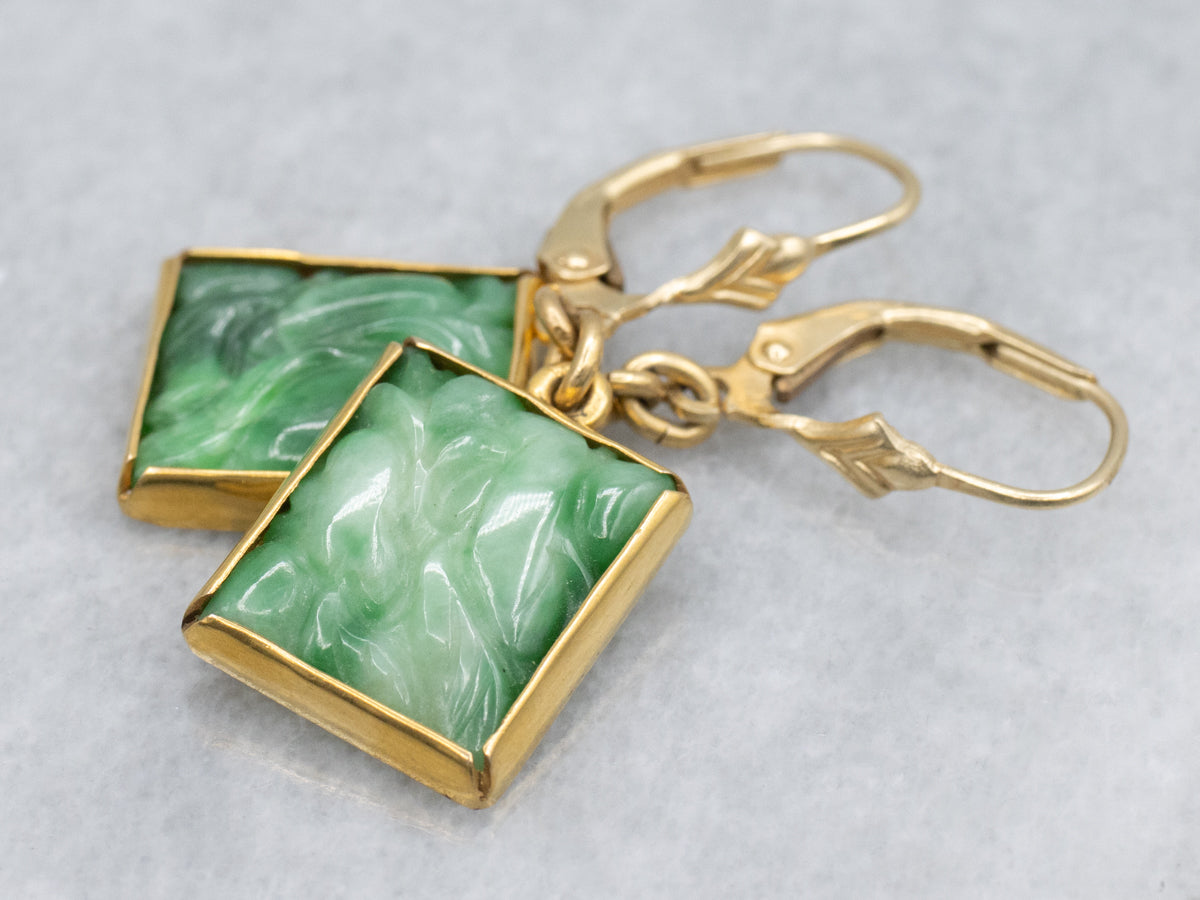Vintage Gold Carved Jadeite Rectangle Drop Earrings