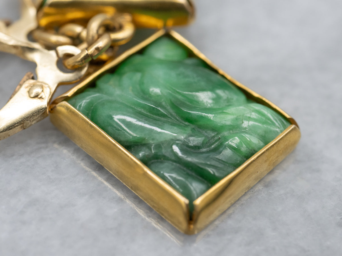 Vintage Gold Carved Jadeite Rectangle Drop Earrings