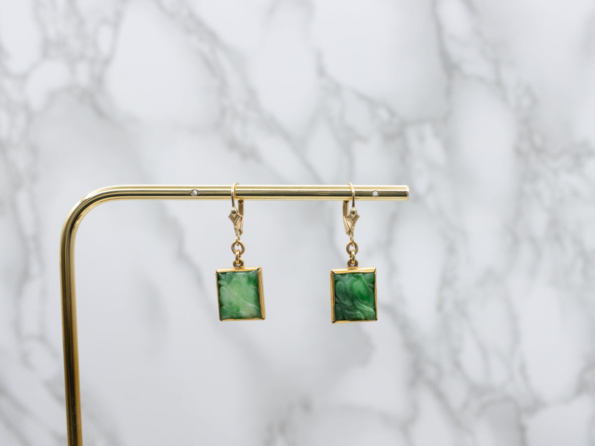 Vintage Gold Carved Jadeite Rectangle Drop Earrings