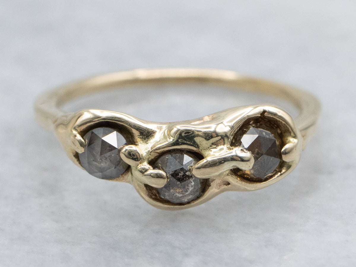 Triple Rose-Cut Salt and Pepper Diamond Yellow Gold Ring