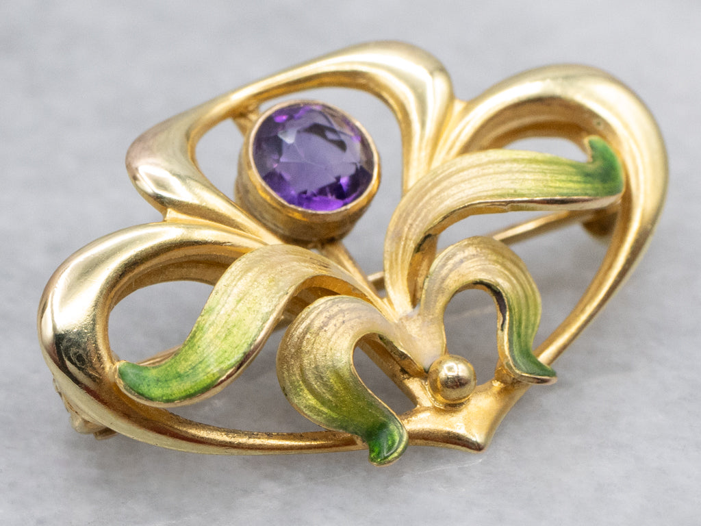 Beautiful Art Nouveau Era Amethyst and Enamel Botanical Brooch