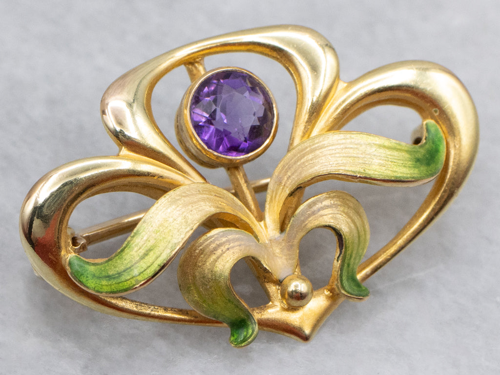 Beautiful Art Nouveau Era Amethyst and Enamel Botanical Brooch