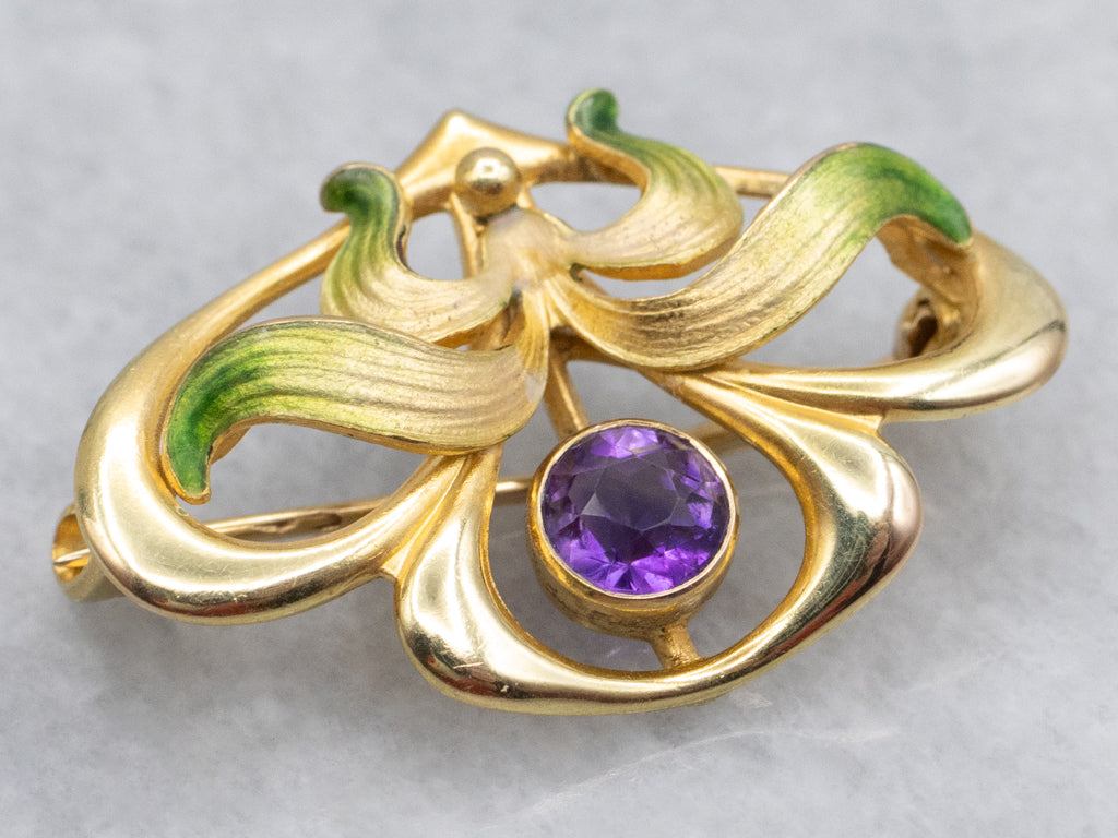 Beautiful Art Nouveau Era Amethyst and Enamel Botanical Brooch