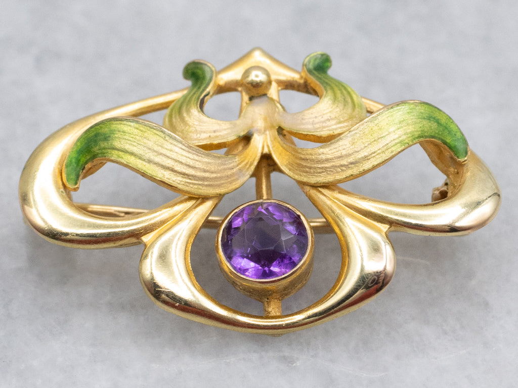 Beautiful Art Nouveau Era Amethyst and Enamel Botanical Brooch