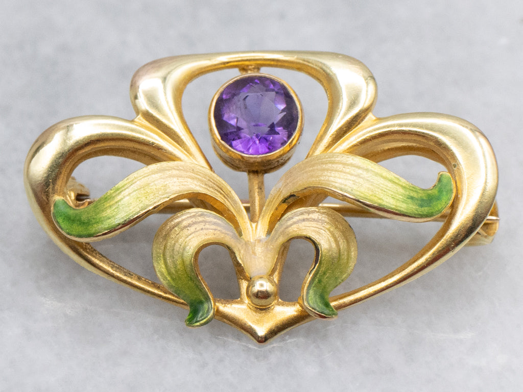 Beautiful Art Nouveau Era Amethyst and Enamel Botanical Brooch