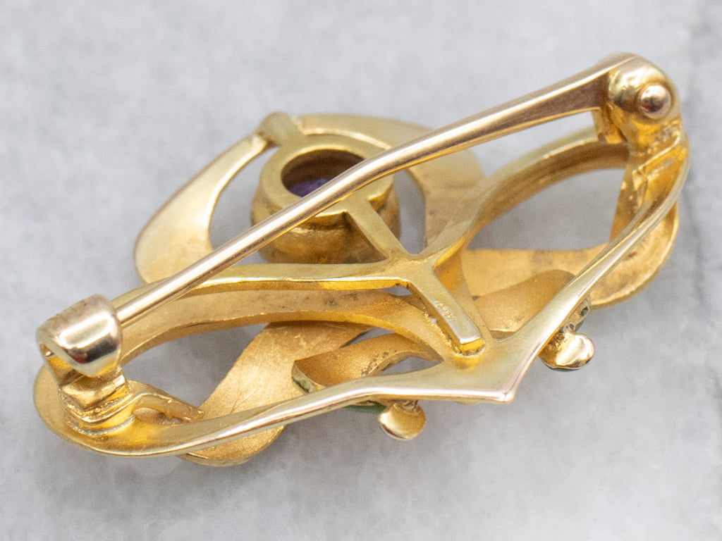 Beautiful Art Nouveau Era Amethyst and Enamel Botanical Brooch