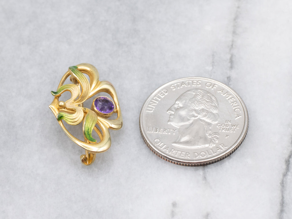 Beautiful Art Nouveau Era Amethyst and Enamel Botanical Brooch