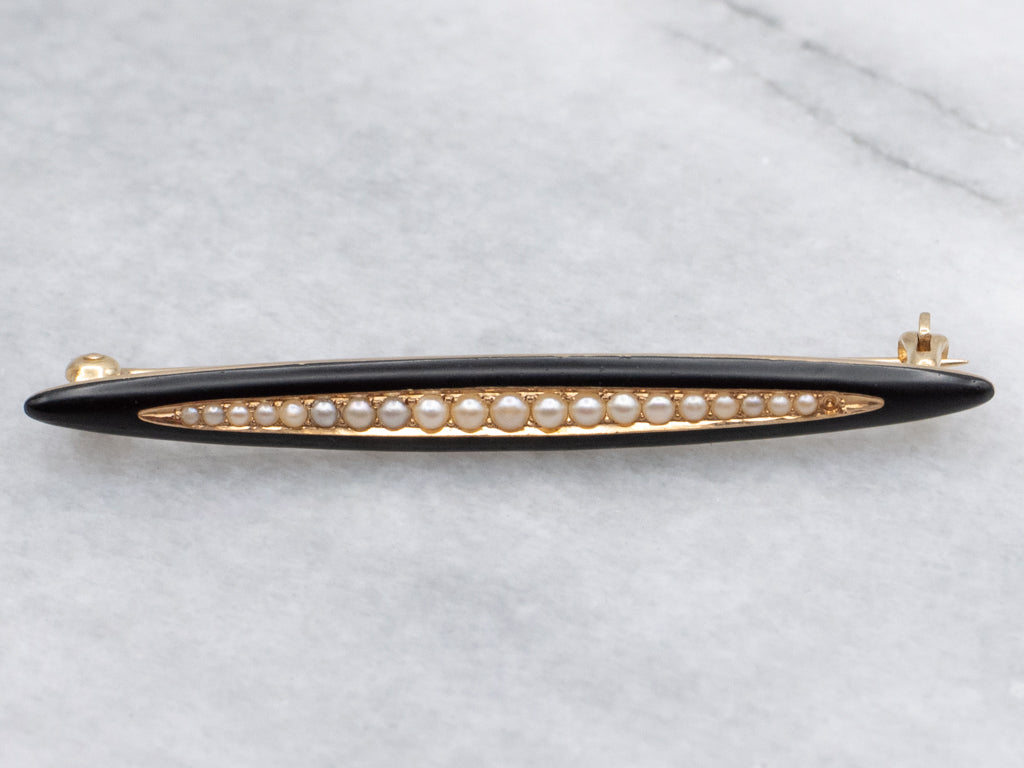 Gothic Black Enamel and Seed Pearl Gold Vintage Bar Pin