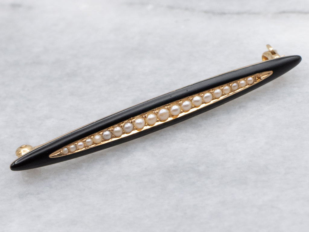 Gothic Black Enamel and Seed Pearl Gold Vintage Bar Pin
